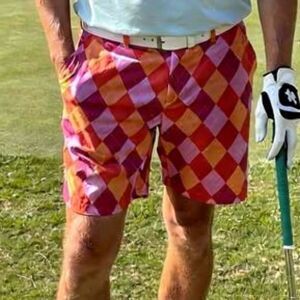 LOUDMOUTH MENS FLAT FRONT SHORTS SIZE 38 ORANGE RED PINK DIAMONDS DESIGNED